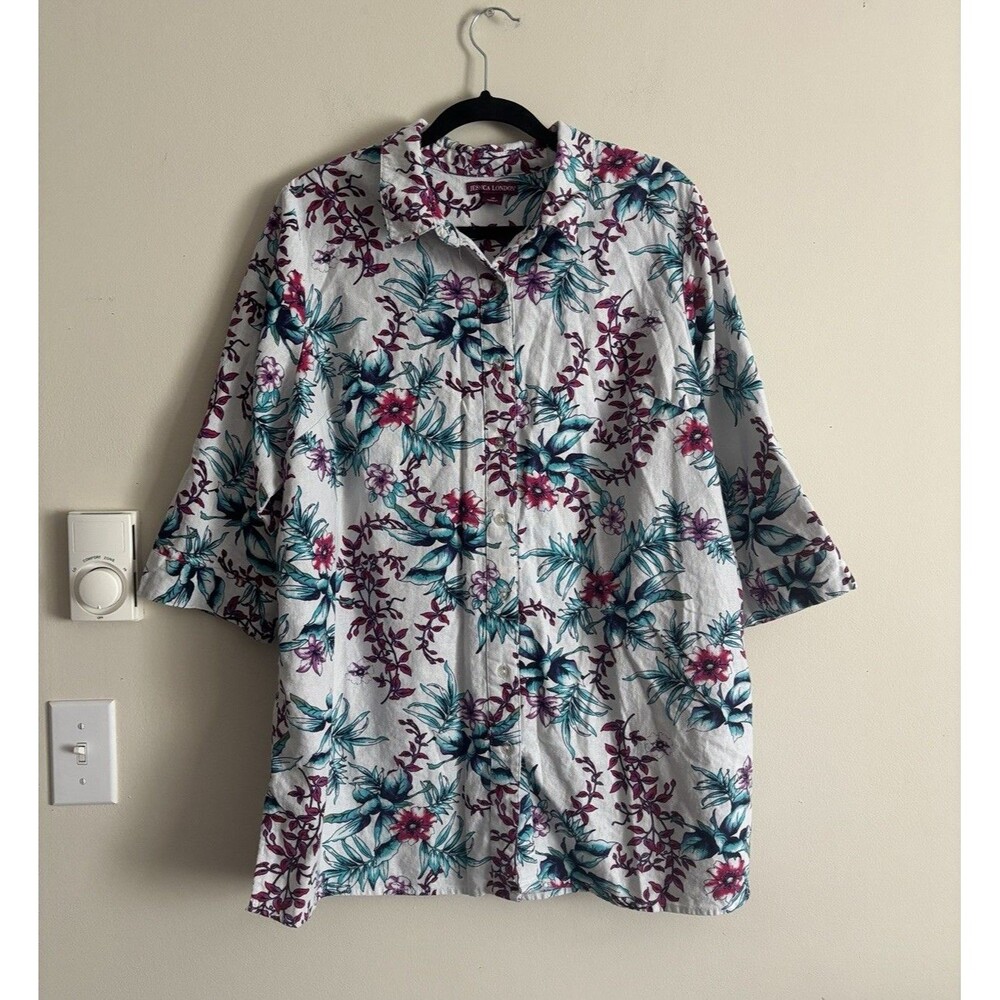 Jessica London Womens Plus Size 20 2X 3X Linen Top Floral Coastal Casual Summer